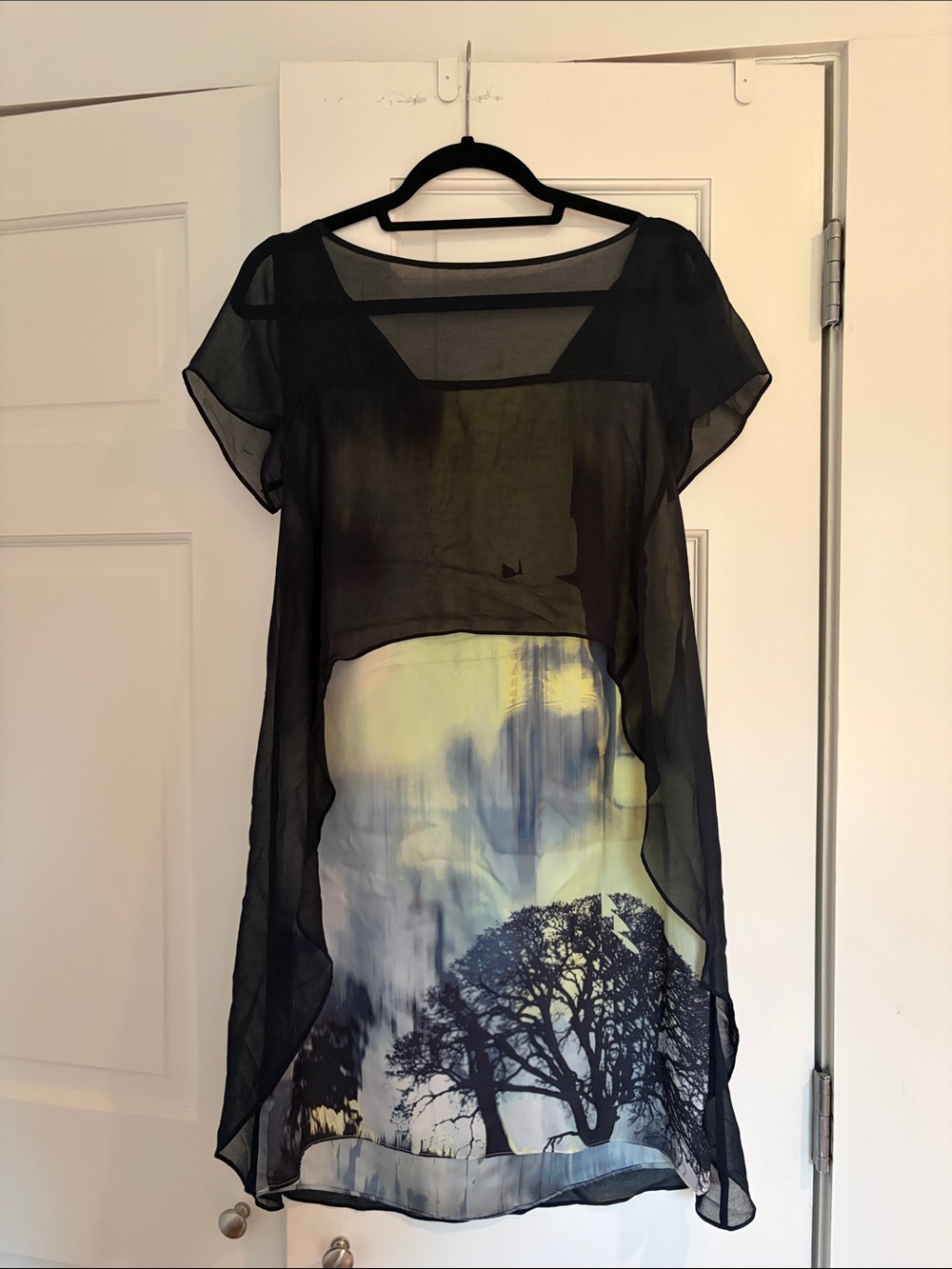 Navy Sheer Overlay Mini Dress with Scenic Print